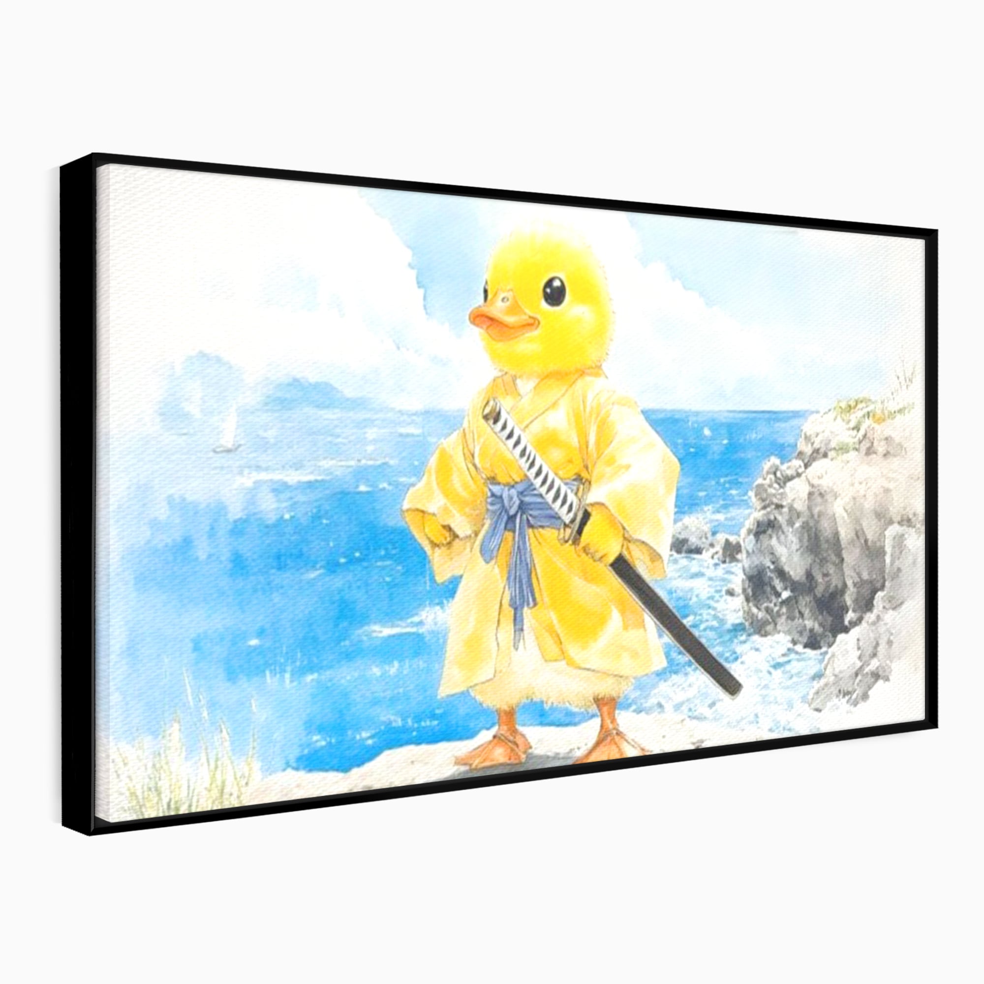 Tablou canvas cu rata samurai galben pe stanca, in rama de aluminiu negru